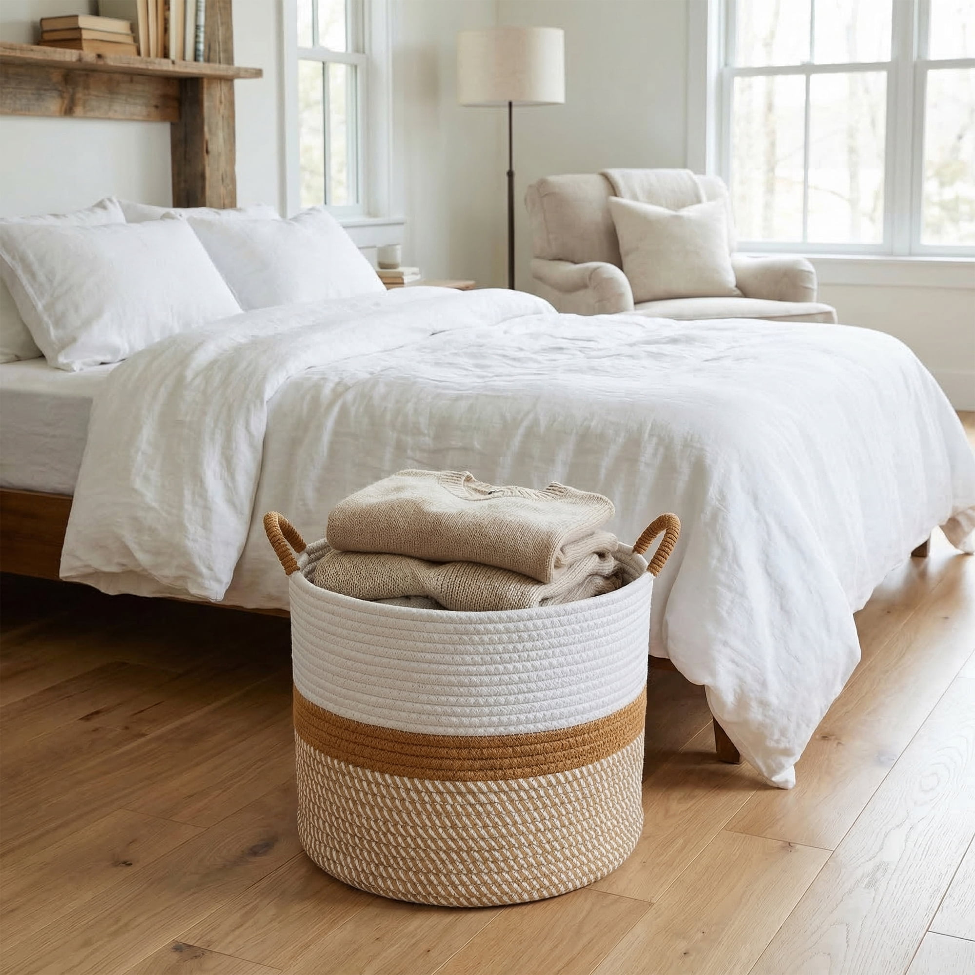 Unique Bargains Multiple Use Woven Storage Bin for Home White Coffee 13.8*13.8*10.6in