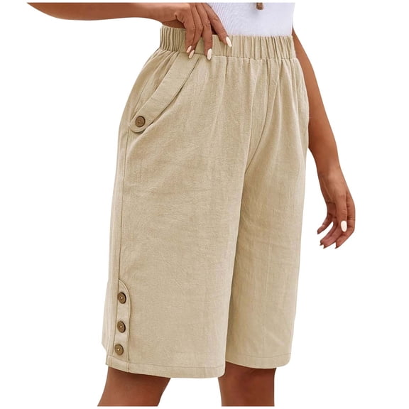 successthop Womens Long Shorts with Pockets Linen Elastic Waist Plus Size Shorts Casual Outfits Baggy Clothes Khaki XL