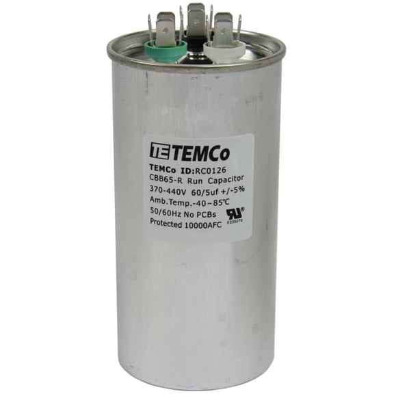 TEMCo 60 5 uF Dual Run Capacitor CBB65, 60/5 MFD, 370-440V, Round, 50/60Hz