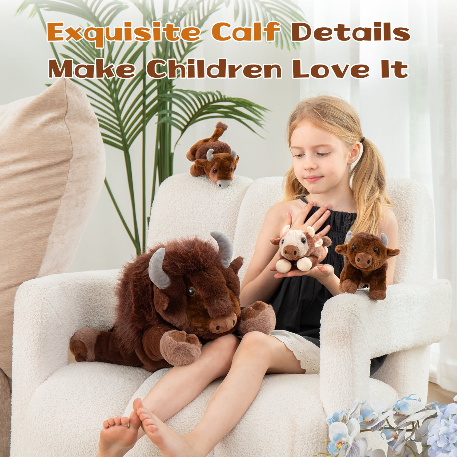 MaoGoLan 4Pcs Bison Stuffed Animal 18inch Bison Mommy Stuffed Animal with 3 Baby Plush Toy Stuffed Cow Toys