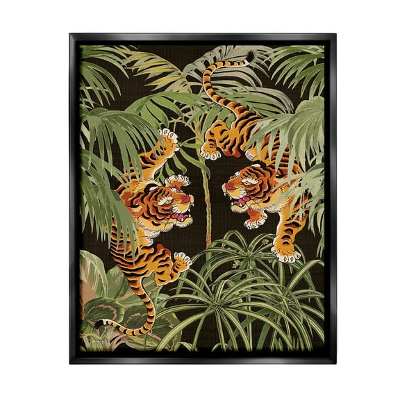 Stupell Industries Fierce Tigers with Plants Animals & Insects Painting Black Floater Framed Canvas Art Print Wall Art, 17 x 21