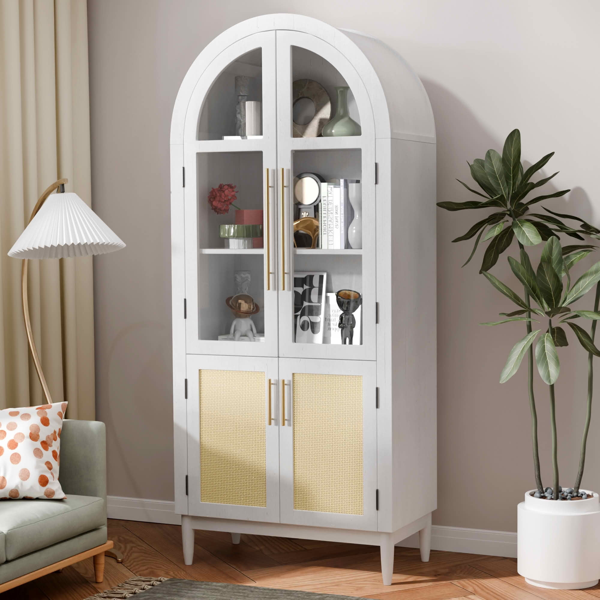 MAYEERTY 71" White Arch Cabinet with Glass Doors, for Bedroom Entryway