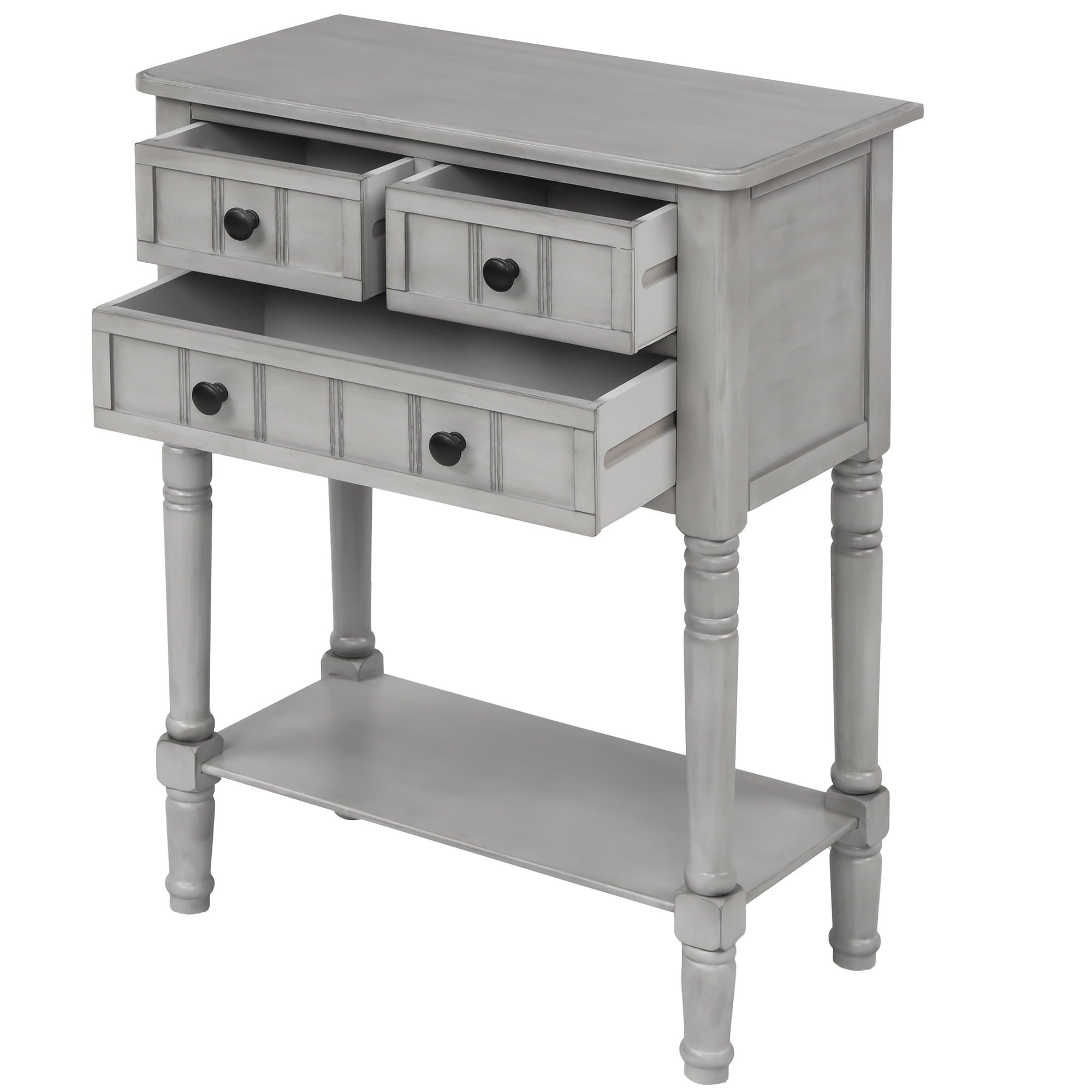 31 Inch Tall Narrow Console Table with 3 Storage Drawers and Bottom Shelf, Slim Sofa Table Entryway Accent Table with Tapered Table Legs for Hallway, Living Room and Dining Room, Gray Wash