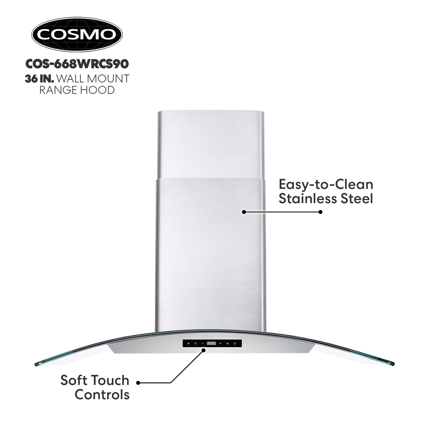 Cosmo 36 in. Ducted Wall Mount Range Hood Kitchen Hood in Stainless Steel with Touch Controls, LED Lighting and Permanent Filters