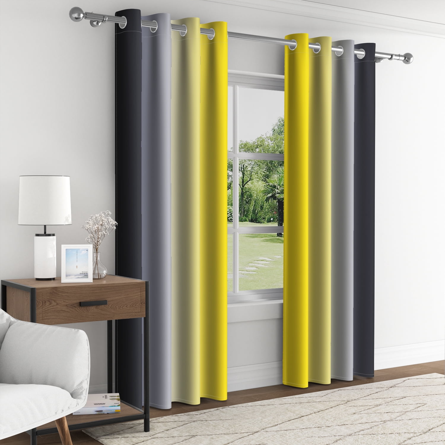 Aofoto Yellow Black and Grey Ombre Blackout Curtains 52 x 63 Inch, Room Darkening Thermal Insulated Energy Saving Grommet Curtains, 2 Panels