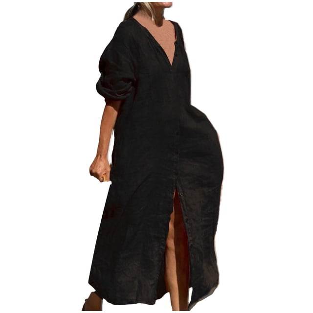 Gspmoly Robes pour Femmes, Robe Décontractée Unie pour Femmes à la Mode, Robe à Col en V à Manches Longues, Longue Robe, Robes de Cocktail, Offres des Fêtes
