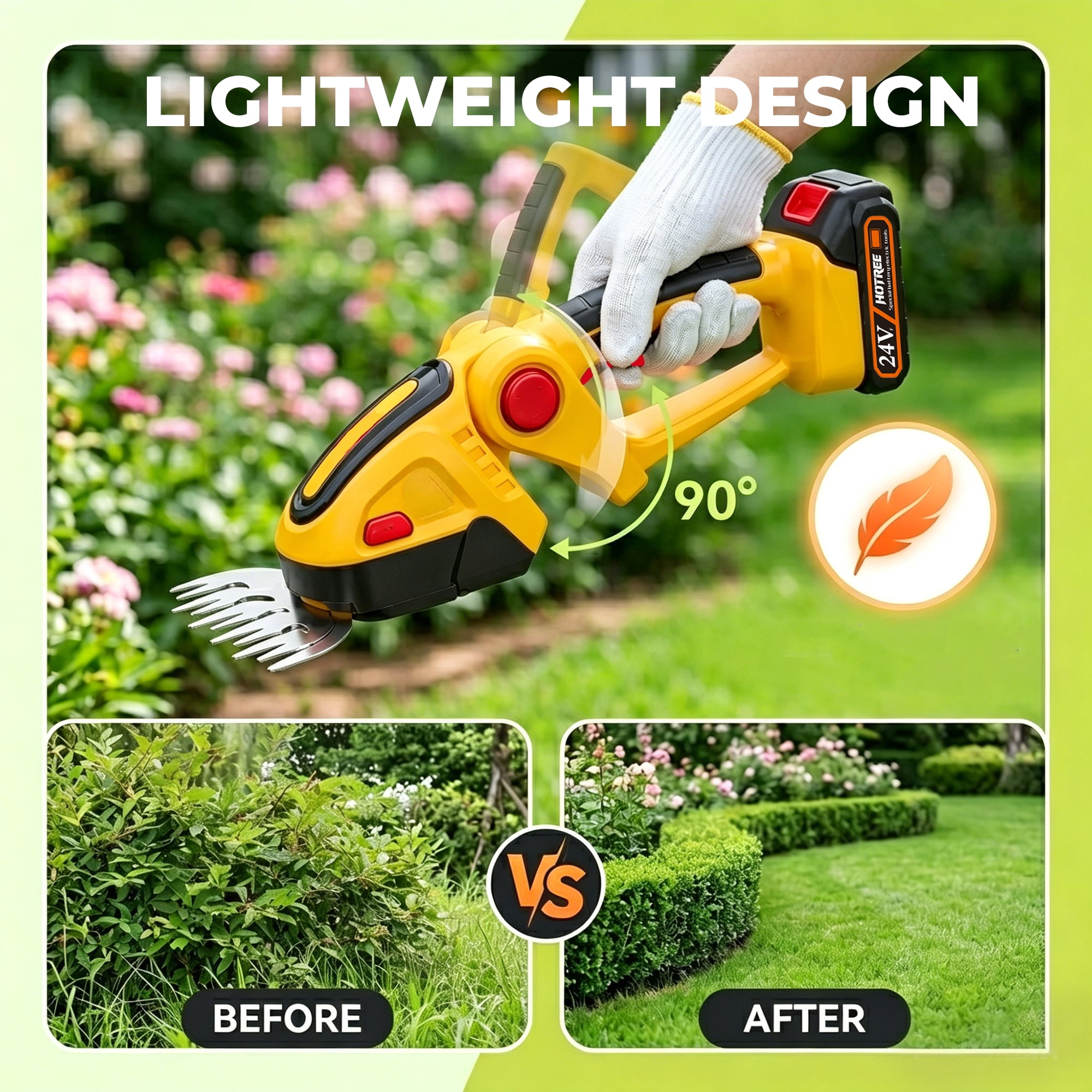 HOTREE Cordless Hedge Trimmer & Grass Shears, 90° Adjustable Head, 25,000 RPM, 2.4 lb, Up to 60 min Runtime