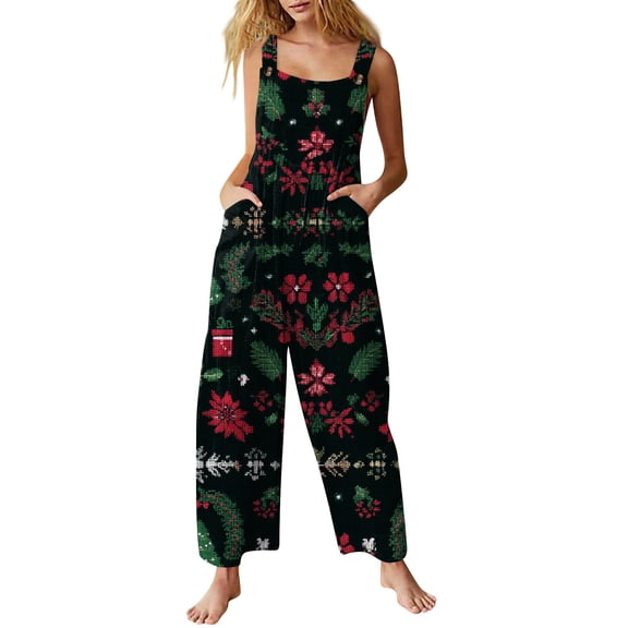 Women's Christmas Printed Jumpsuit - Loose Casual Versatile Romper, Army Green Size L