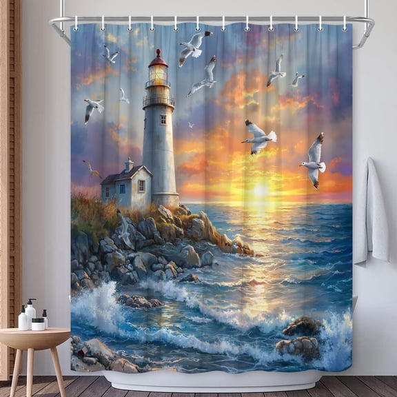 Lighthouse Shower Curtain Coastal Ocean Beach Nautical Seasides Lake Seagull Seascape Abstract Bath Decor Polyester Fabric Curtains-72"W x 72"L (Pack of 1)