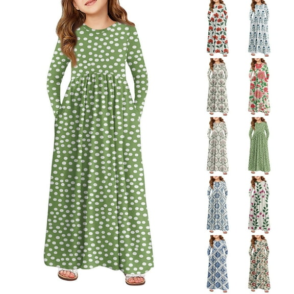 ADSSDQ Girls Boho Maxi Dress, Polka Dot Printed Long Sleeves Dress with Pockets Summer Long Holiday Dress for 7-8 Years Light Blue