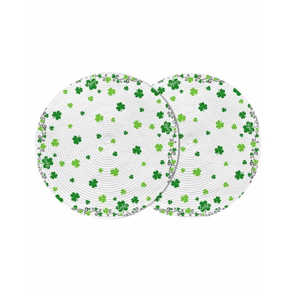 Round Woven Placemats set of 2, St. Patrick's Day Washable&Heat Resistant Plastic Wipeable Placemats for Round Table Green Shamrock Kitchen Dining Table Decor, 15in,