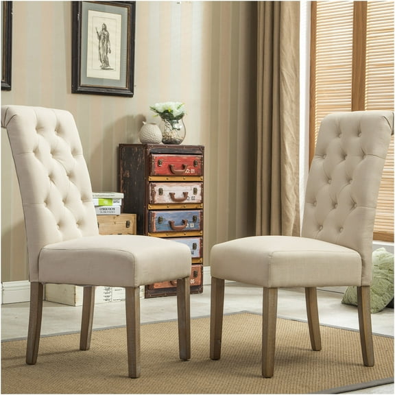 JERFIT Parsons Dining Chairs Set of 2, Tufted Upholstered Side Chairs with Solid Wood Legs for Kitchen Dining Room, Tan