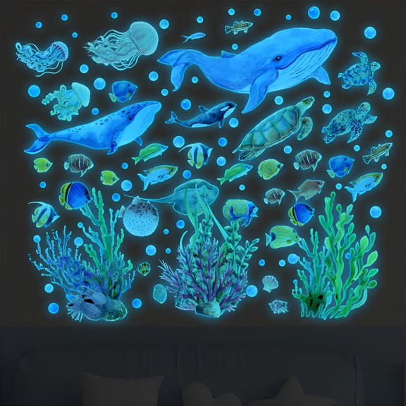 LAMIRO Glow in The Dark Ocean Wall Decals, 4 Sheets Luminous Sea Life Stickers for Kids Bedroom, Watercolor Under The Sea Decor