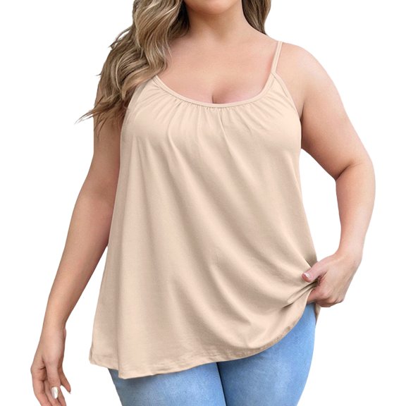 Tank Tops for Women Sleeveless Crew Neck Thin Strap Baggy Built-in Bra Dressy Cami Tank Summer Sleeveless Tops Casual Shirts Plus Size Breathable Basic Trendy Beach Undershirt,Khaki,XL