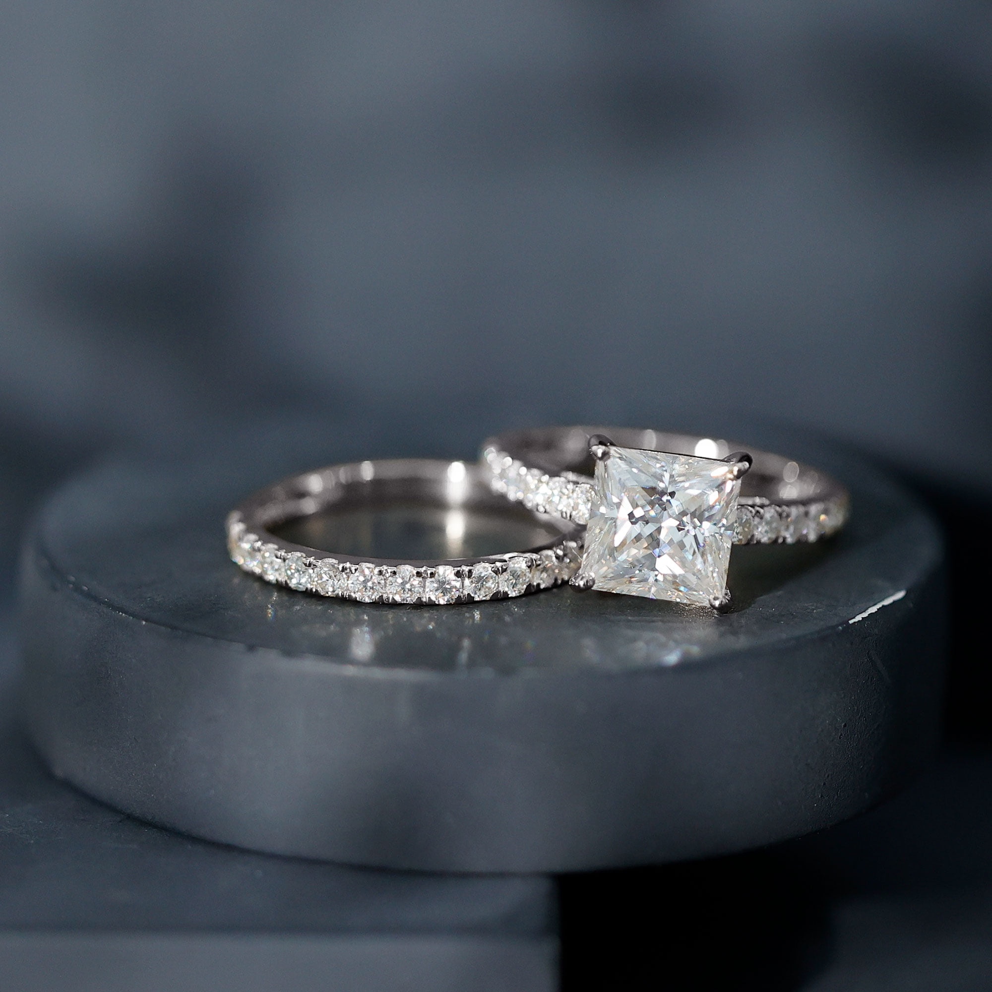 Rosec Jewels Certified Moissanite Princess Cut Wedding Ring Set for Women (8 mm, D-VS1 Quality) - 3 Carat Engagement Ring with Band, 14K White Gold, US 5.50