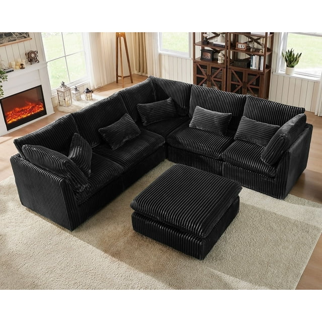 CHIC HOUSE Oversized Modular Sofa,Extra Deep Cloud Corduroy Sectional Couch with Ottoman Chaise,FSC Certified Fluffy Chenille 8 Seater Sofa Bed for Living Room,Villa
