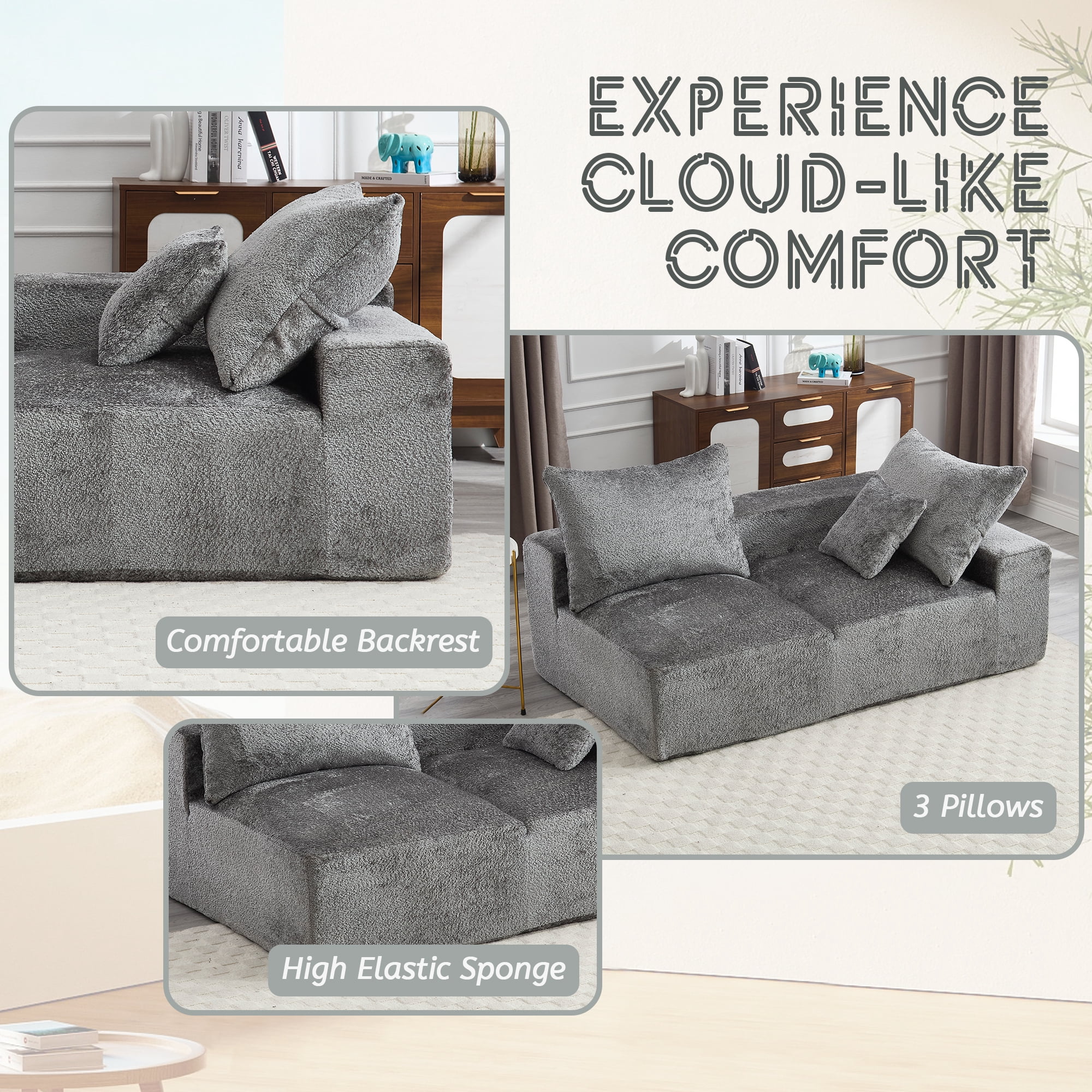 MOONMISS Boucle Upholstered Deep Seat Modern 2-Seater Lazy Leisure Sofa with 3 Pillows-Gray