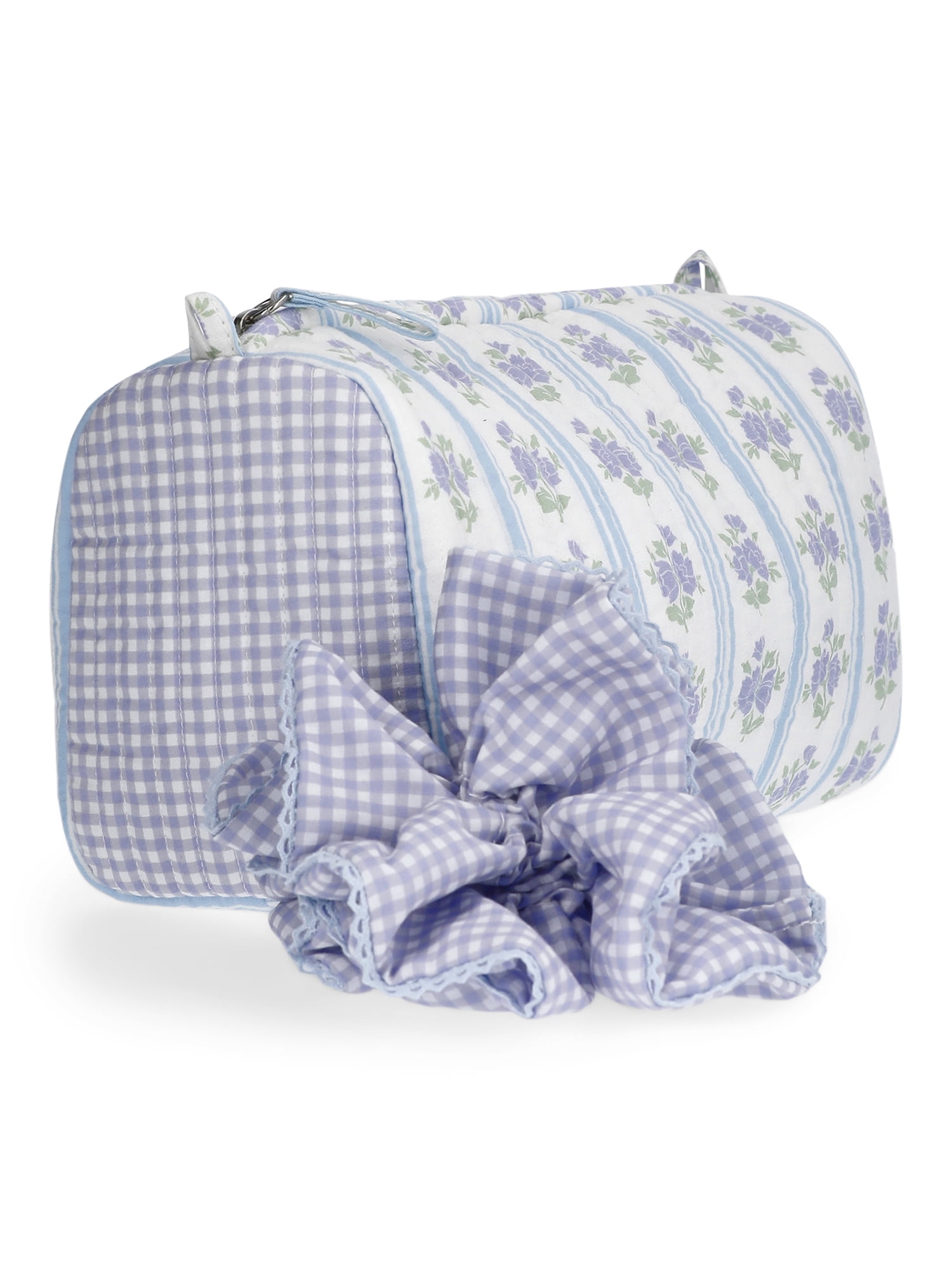 No Boundaries Women's Quilted Pouch and Hair Scrunchie Set, 2-Piece, Sky and Lilac Sea Floral/Gingham
