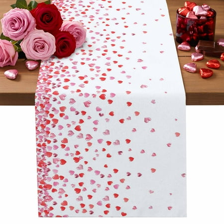 Valentine s Day Table Runner 14 x 72 Inch Gradient Red Pink Love Heart Abstract Art Washable Cotton Linen Dining Table Runner Tabletop Decorations for Restaurant Home Kitchen Party