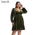 thumbnail image 2 of Laklulu Mini vestido patinador con vuelo y escote en V de terciopelo de manga larga con corte en A para fiesta de cóctel, verde militar, 3X, 2 of 5