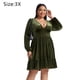 thumbnail image 2 of Laklulu Mini vestido patinador con vuelo y escote en V de terciopelo de manga larga con corte en A para fiesta de cóctel, verde militar, 3X, 2 of 5