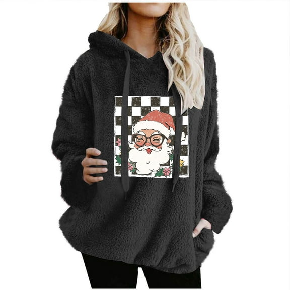 Women's Oversized Christmas Sherpa Hoodie Plush Fuzzy Fleece Pullover Merry Print Festival Top Long Sleeve Cozy Holiday Sweatshirt Comfy Seasonal Lounge