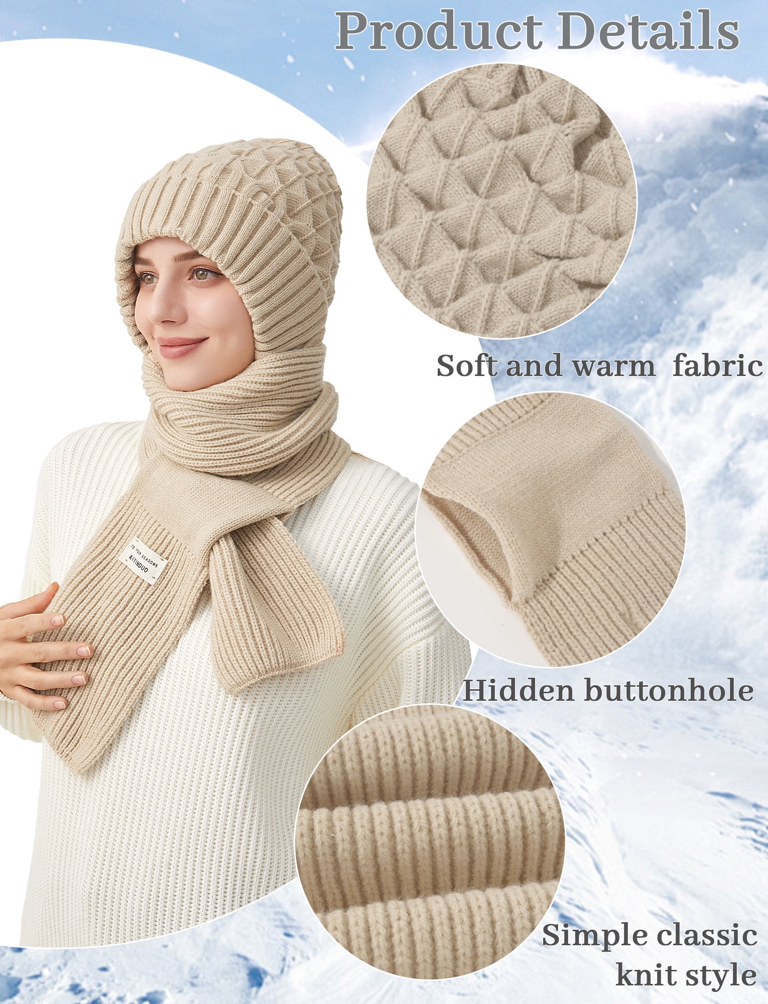 FEOYA Women Integrated Ear Protection Windproof Cap Scarf Winter Beanie Hats Scarf One-Piece Fleece Balaclava Hood Scarf Hat Warm Knitted Ski Scarf Hat Beige