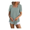 thumbnail image 4 of SHIBEVER Women Short Sleeve Tops Baggy Square Neck Blouse Fashion Solid Color T-shirt Casual Pleated Dressy Green Tee Size L, 4 of 6