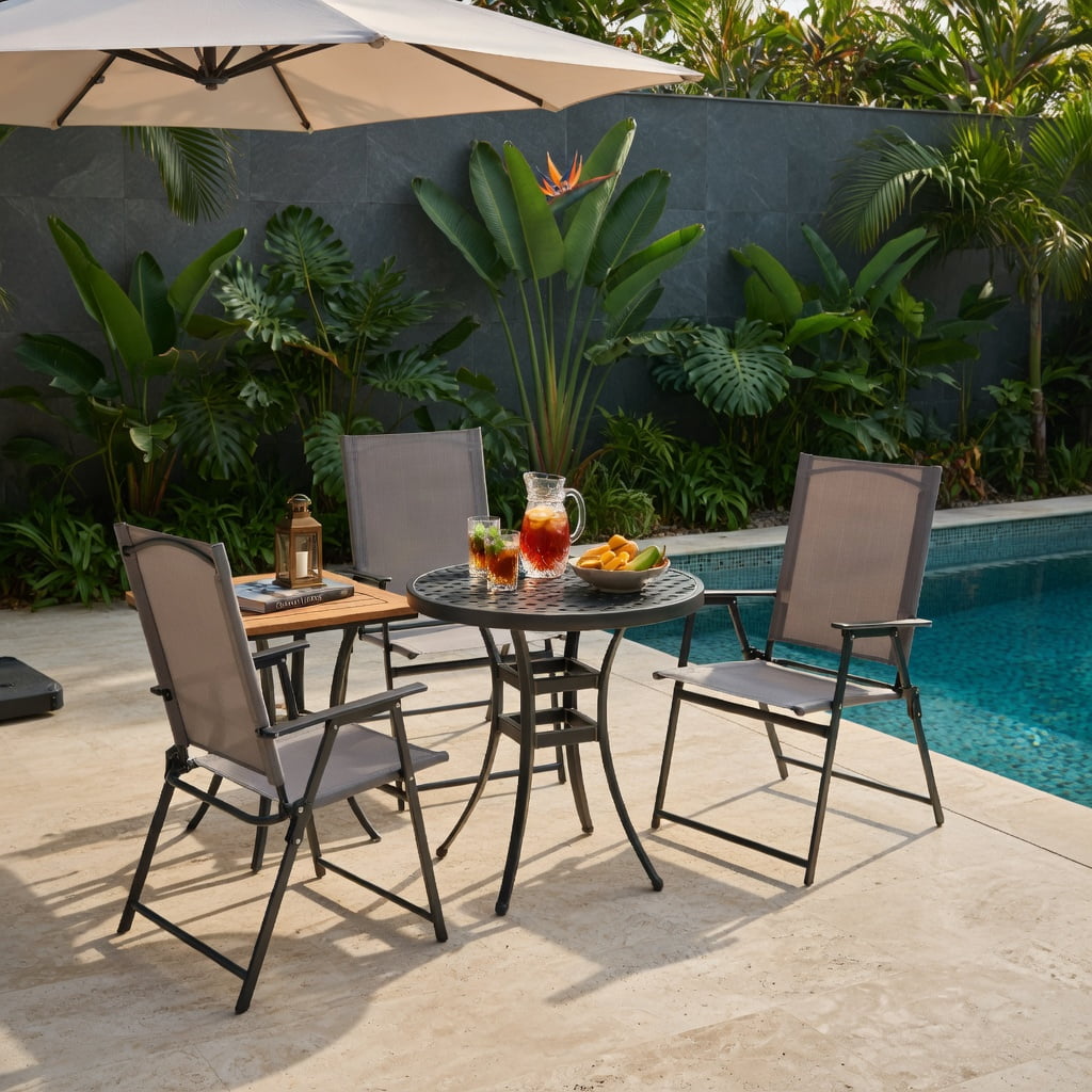 Hommoo 2-Pack Foldable Patio Chairs with Armrests, Heavy-Duty Metal Outdoor Chairs for Deck, Garden, Backyard & Camping, Gray