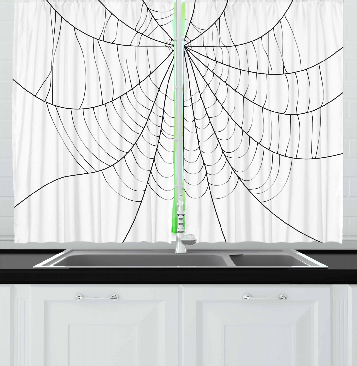 Spider  Curtains 2 Panels Set, Close Up Cobweb Design Monochrome