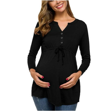 

Awdenio Maternity Blouse on Clearance V-Neck Long Sleeve Bandage Solid Color Breast-Feeding Pregnant Nursing Tops