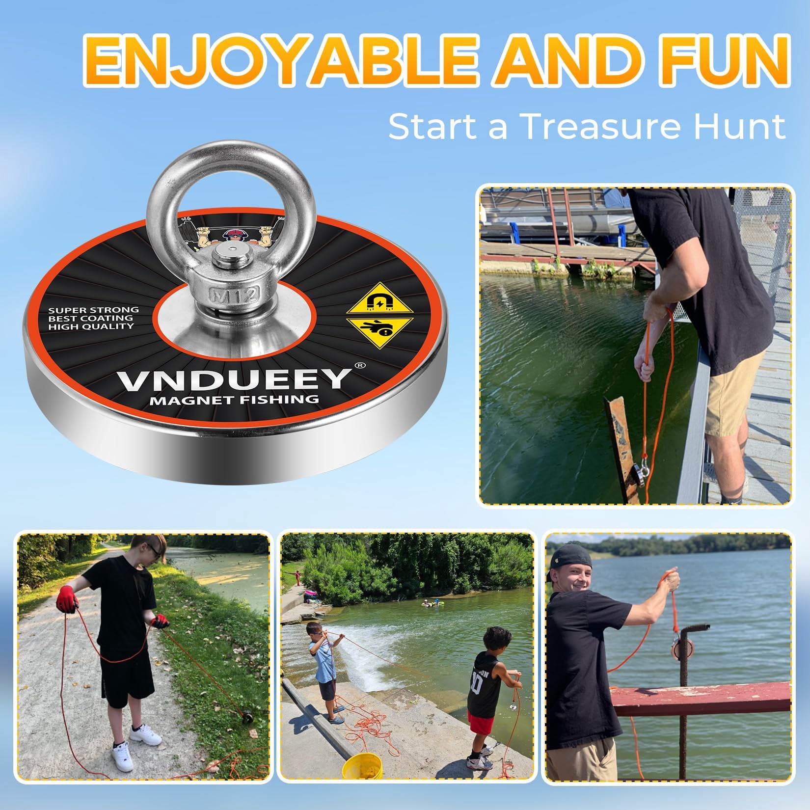 VNDUEEY Magnet Fishing Kit 1500 LBS Pull Force, Strong Neodymium Fishing Magnets with Durable 65 FT Rope, Gloves, Locking Carabiner, Threadlocker - Powerful Magnets for Fishing and Underwater Salvage