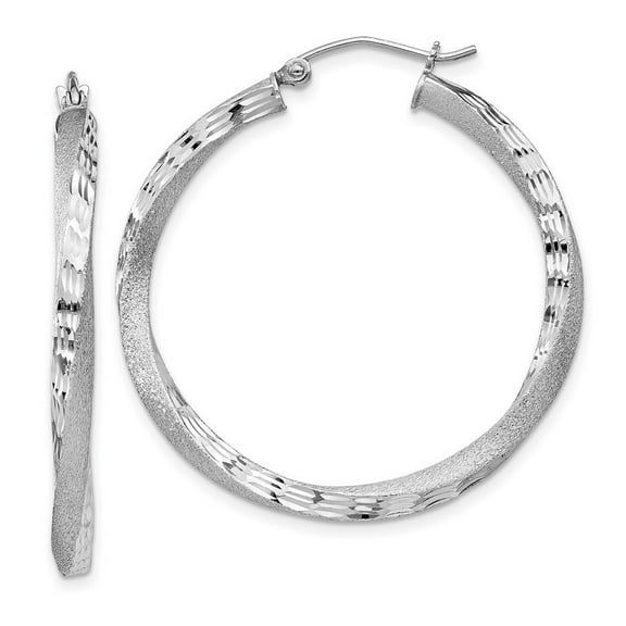 925 Sterling Silver Hollow tube Hinged post Polished and satin 3.0mm Satin Diam Cut Twisted Hoop Earrings Measures 37x35