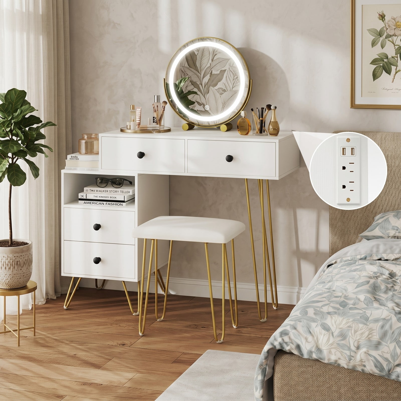 Furnibear Modern Dressing Table with 360 Degree Rotatable LED Mirror and Storage Cabinet and Cushioned Stool for Bedroom, White