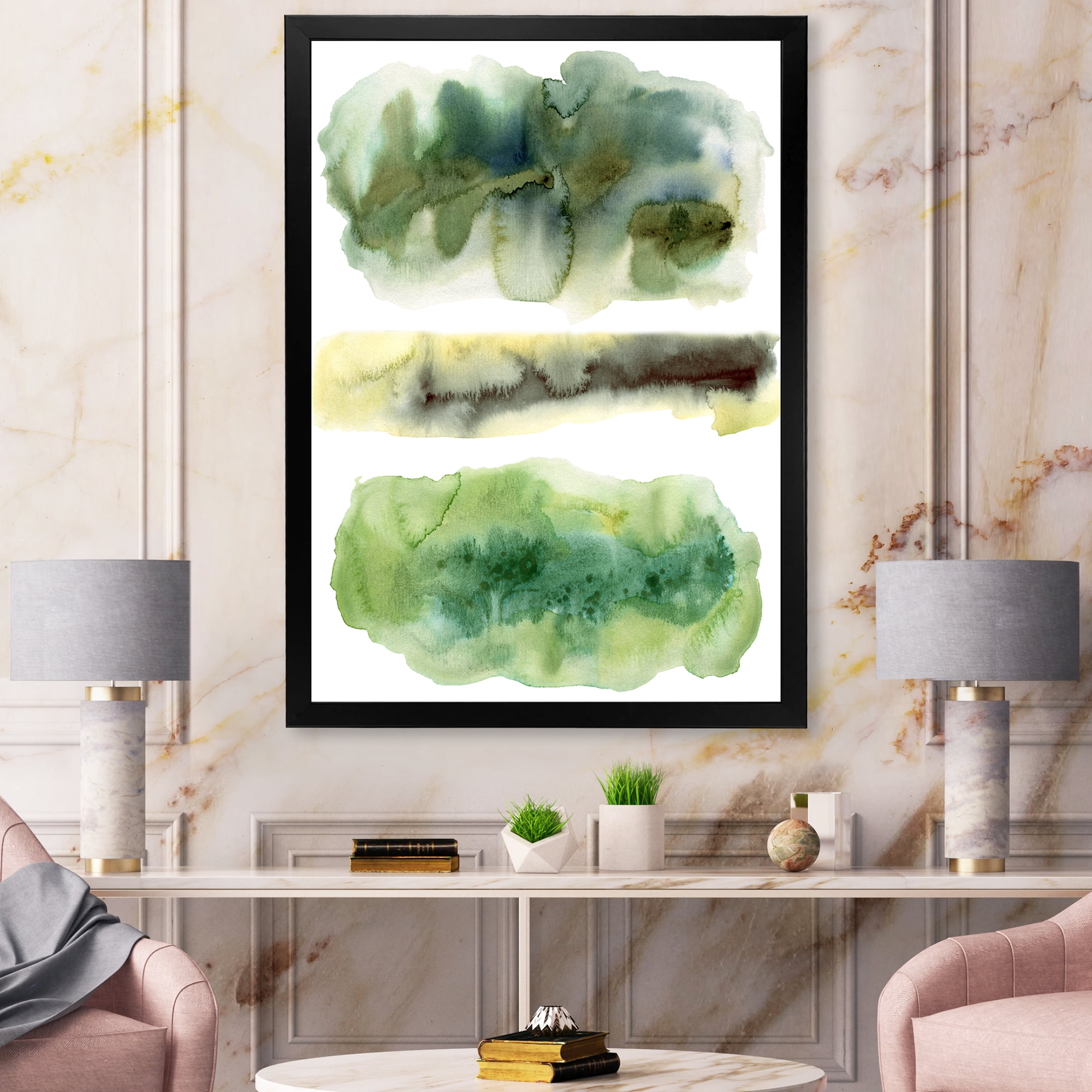 Designart 'Golden Green Abstract Clouds III' Modern Framed Art Print