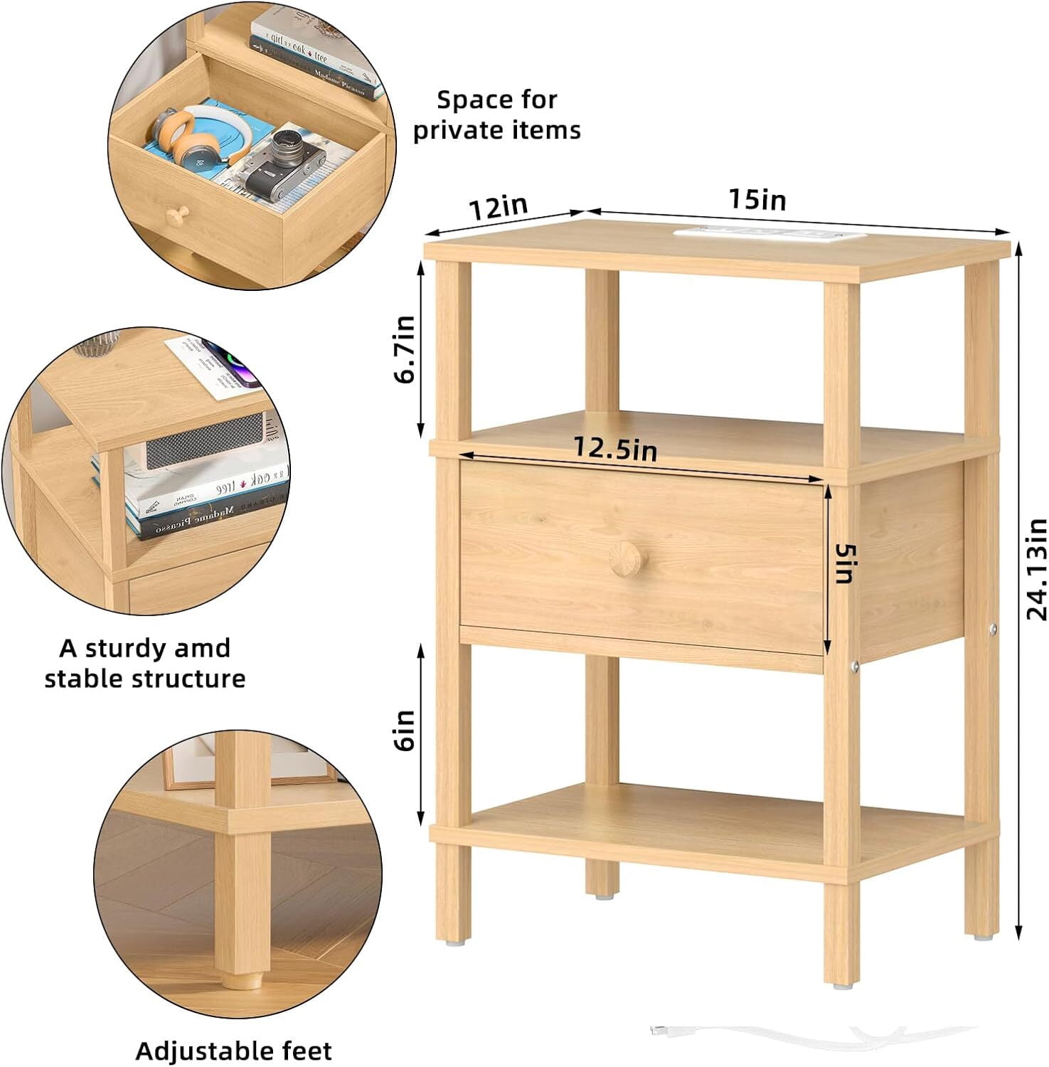 LEYAOYAO End Table with Charging Station, Wood Thin Side Table for Living Room Bedroom, Farmhouse Natural Oak