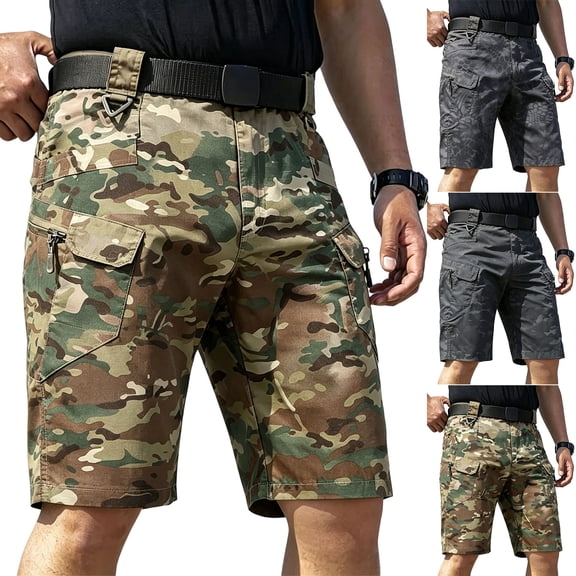 Men's Sports Camouflage Cargo Shorts with Multiple Pockets and Adjustable Waistband Featuring Tactical Design for Hiking Trails Outdoor Adventures Game Days Army Green L