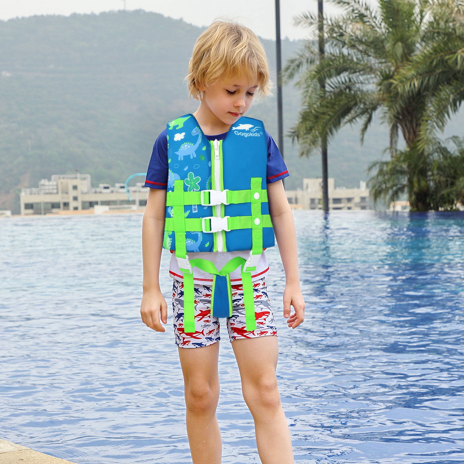 Gogokids Kids Swim Vest Life Jacket Flotation Swimming Aid with Adjustable Safety Strap Age 1-9 Years/22-50Lbs, Blue Dinosaur