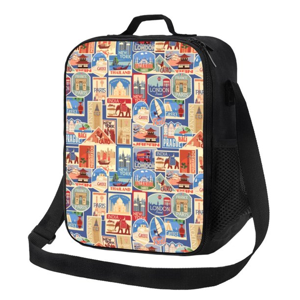 Fotbe Set Of Travel Vintage Lonchera Bolsa de Almuerzo para Hombres y Mujeres, Lonchera de Gran Capacidad, Bolsa de Almuerzo Reutilizable, Bolsa Térmica Aislante