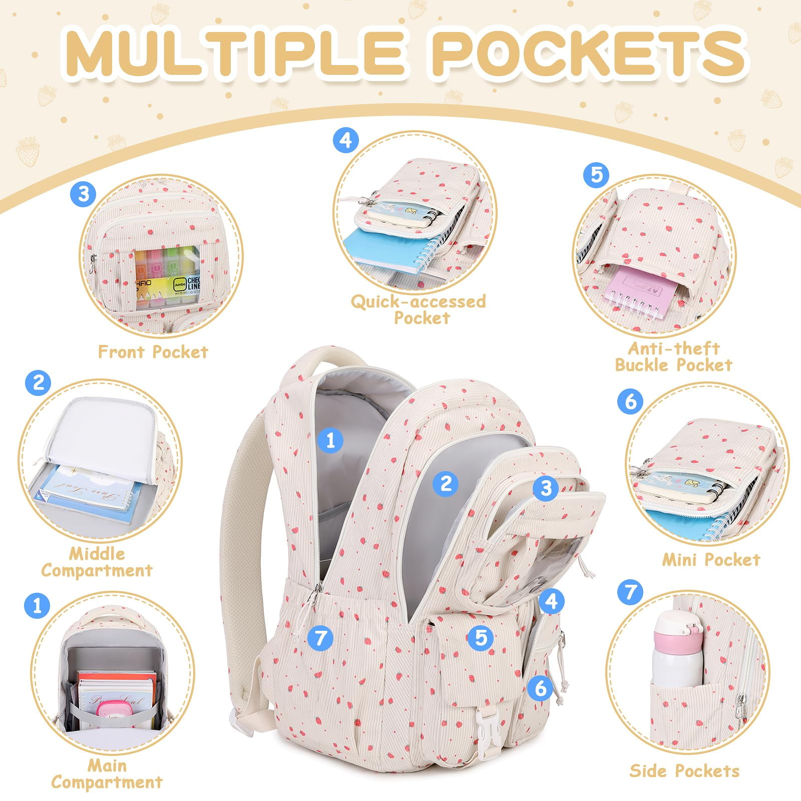 Soda Candy Corduroy School Backpack Cute Bookbag for Middle School Students Book Bag Kawaii Ita Backpacks with Reinforced Thick Strap, Biege Strawberry