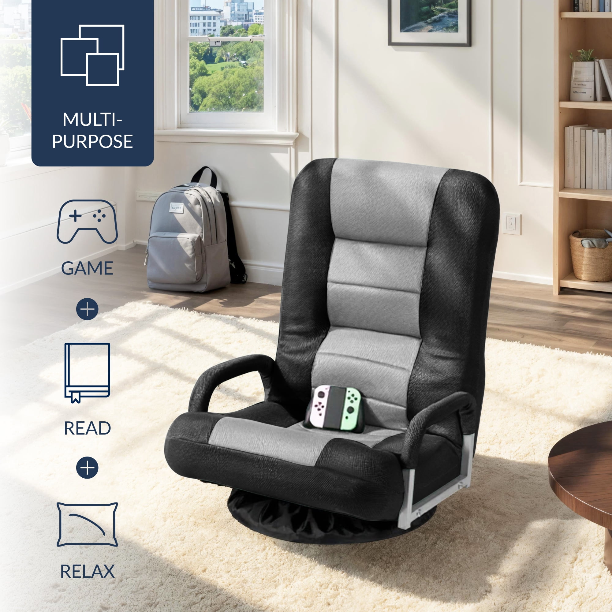 Best Choice Products 360-Degree Swivel Gaming Floor Chair w/ Armrest Handles, Foldable Adjustable Backrest - Black/Gray