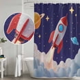 thumbnail image 4 of Cartoon Navy Blue Space Shower Curtain Set with Hooks, Red 3D Rocket Waterproof Fabric Bathroom Curtains Decor Home Accessories,72 X 72 Inch Long, 4 of 9