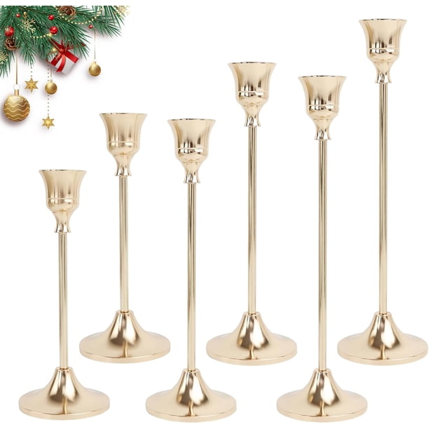 Juego de 6 Candeleros para Velas, Portavelas Decorativo de Metal Dorado para Cónicas, para Decoración del Hogar, Bodas, Cenas, Fiestas y Cocina (6, Oro)