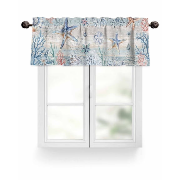 Blue Coastal Ocean Kitchen Valances for Windows Starfish Coral Shell Valance Curtains for Kitchen /Living Room/Bedroom/ Bathroom Decor, 54"x18 " ,Rod Pocket 1 Panel, Retro Wood Texture