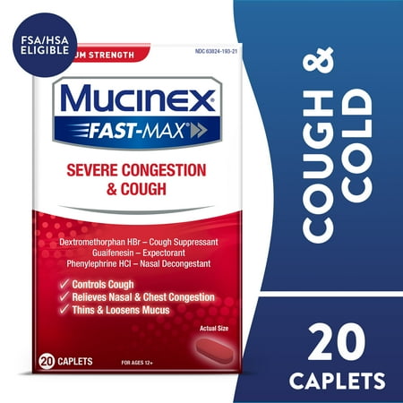 Mucinex Fast-Max Severe Congestion & Cough Medicine, OTC Sinus Nasal Decongestant, 20 Caplets