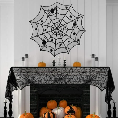 

Momihoom Halloween Spiderweb Tablecloth Black Lace Bats Spider Party Table Decor Curtain