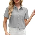 thumbnail image 3 of Ropa para chicas adolescentes,Blusa informal de manga corta para mujer, cuello en V, botones y bolsillos, mezcla de algodón y lino, corte holgado para uso diario, sopatenor, 3 of 9