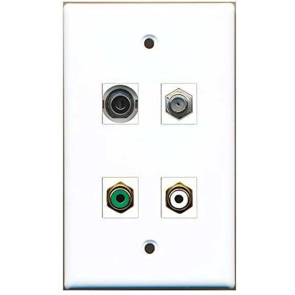 RiteAV - 1 Port RCA White 1 Port RCA Green 1 Port Coax Cable TV- F-Type 1 Port 3.5mm Wall Plate