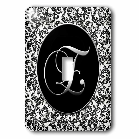 3dRose, Letter E - Black and White Damask, single toggle switch