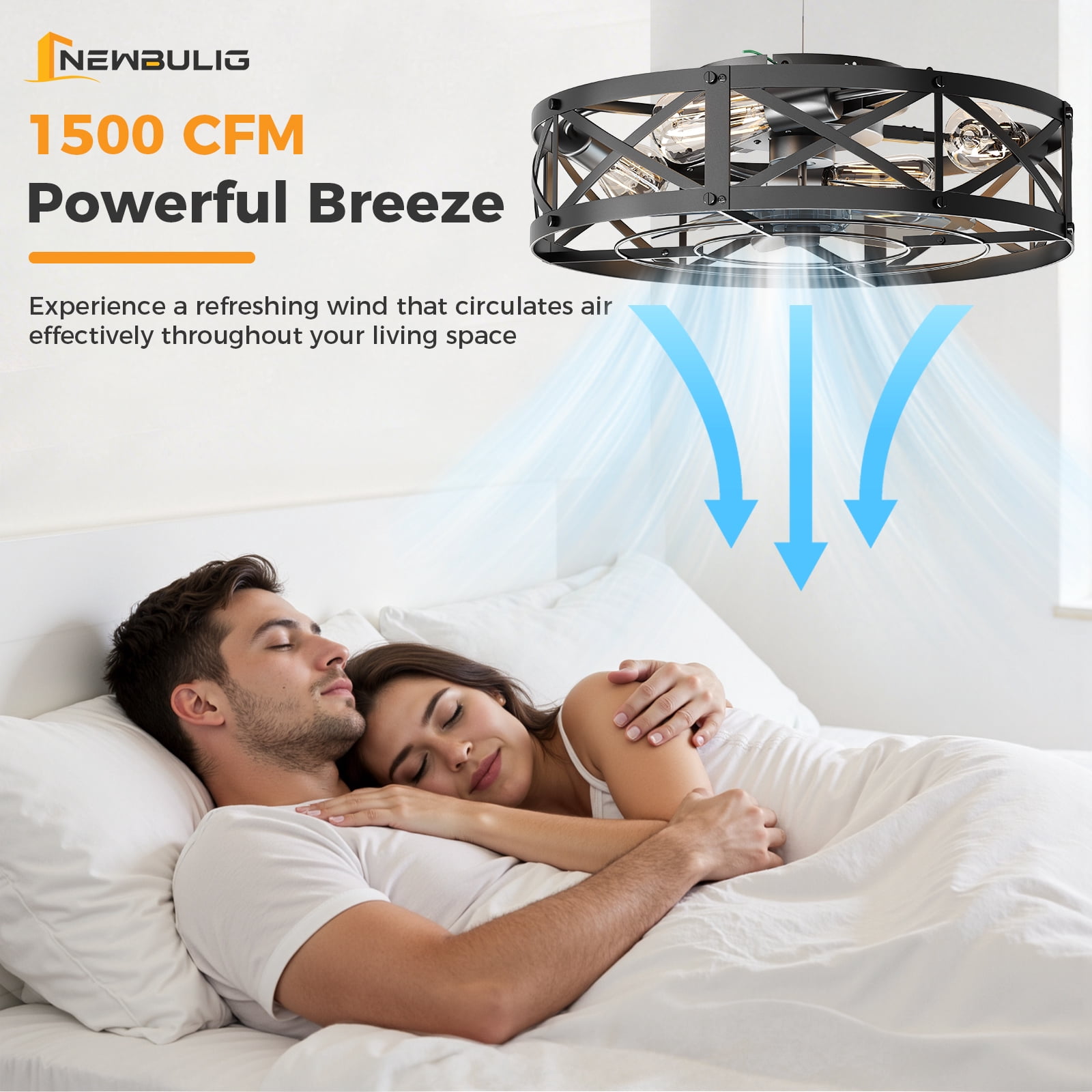 19in Caged Ceiling Fan with Remote, Industrial Farmhouse Ceiling Fans with Lights,Flush Mount with 6 Wind Speeds for Bedroom Kitchen, Black